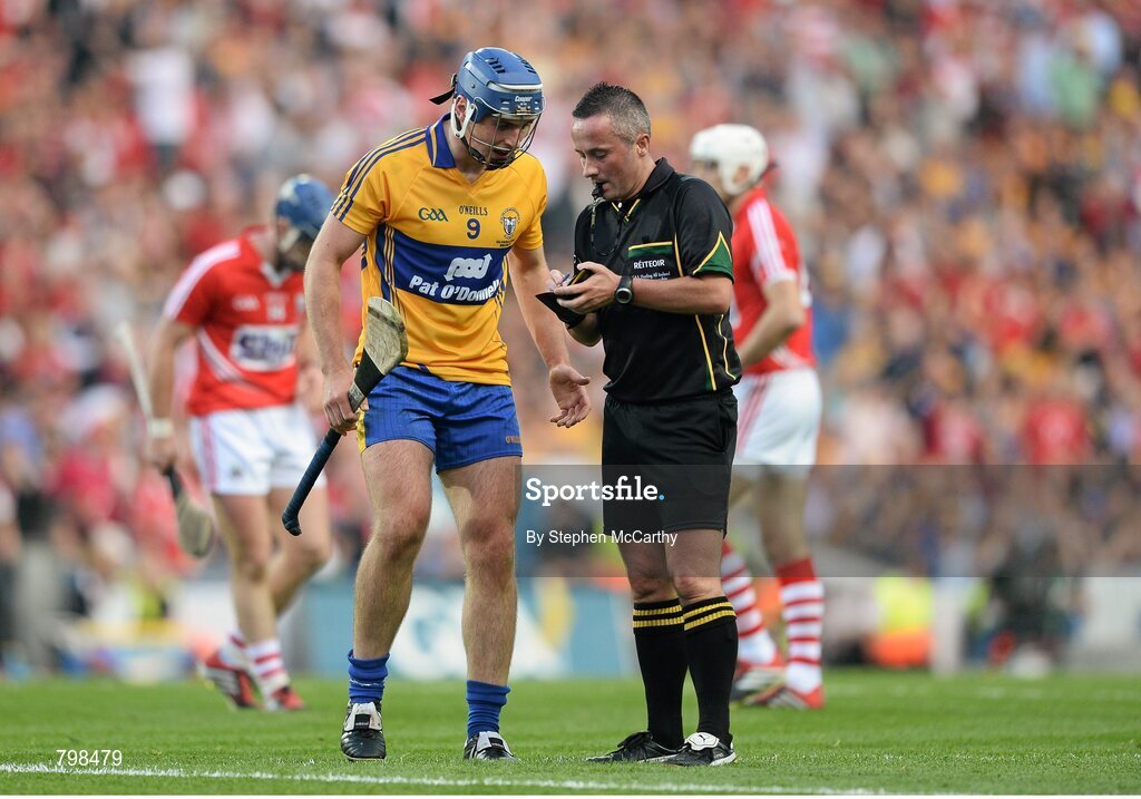 28 September 2013; Referee James McGrath and Conor Ryan, Clare. GAA Hurling All-Ireland Senior Championship Final Replay, Cork v Clare, Croke Park, Dublin. Picture credit: Stephen McCarthy / SPORTSFILE