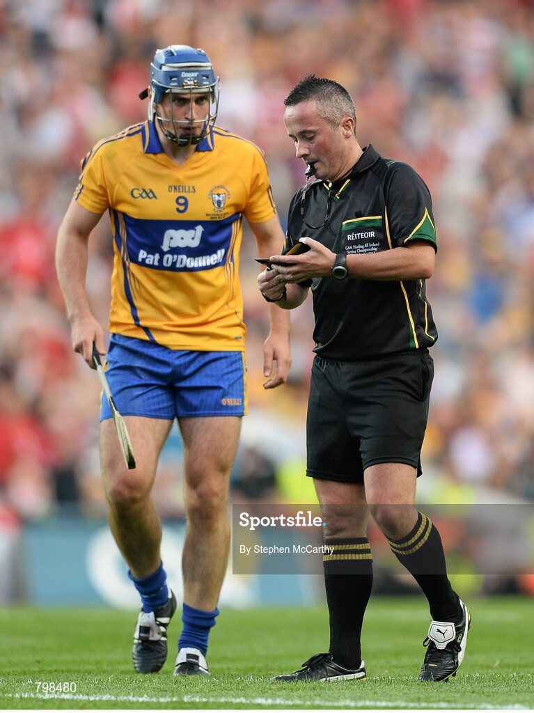28 September 2013; Referee James McGrath and Conor Ryan, Clare. GAA Hurling All-Ireland Senior Championship Final Replay, Cork v Clare, Croke Park, Dublin. Picture credit: Stephen McCarthy / SPORTSFILE