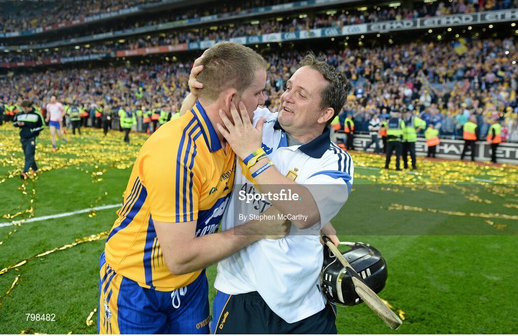 28 September 2013; Clare manager Davy Fitzgerald celebrates with Colin Ryan after their side’s victory. GAA Hurling All-Ireland Senior Championship Final Replay, Cork v Clare, Croke Park, Dublin. Picture credit: Stephen McCarthy / SPORTSFILE