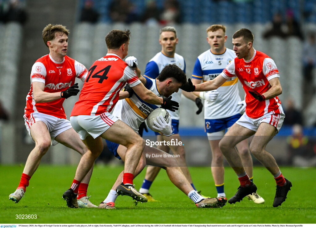 19 January 2025; Joe Oguz of Errigal Ciarán in action against Cuala players, left to right, Eoin Kennedy, Niall O'Callaghan, and Cal Doran during the AIB GAA Football All-Ireland Senior Club Championship final match between Cuala and Errigal Ciarán at Croke Park in Dublin. Photo by Daire Brennan/Sportsfile
