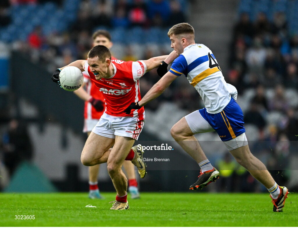19 January 2025; Con O'Callaghan of Cuala in action against Conor Quinn of Errigal Ciarán during the AIB GAA Football All-Ireland Senior Club Championship final match between Cuala and Errigal Ciarán at Croke Park in Dublin. Photo by Daire Brennan/Sportsfile
