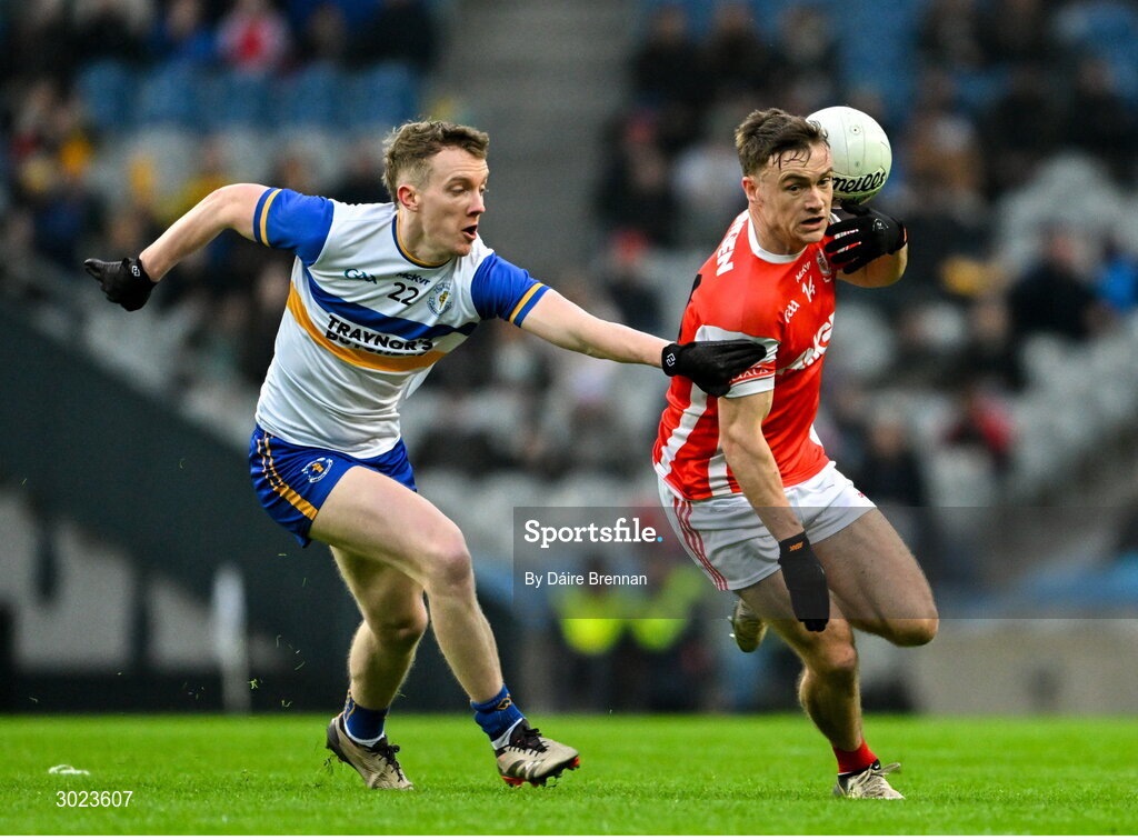19 January 2025; Niall O'Callaghan of Cuala in action against Mark Kavanagh of Errigal Ciarán during the AIB GAA Football All-Ireland Senior Club Championship final match between Cuala and Errigal Ciarán at Croke Park in Dublin. Photo by Daire Brennan/Sportsfile
