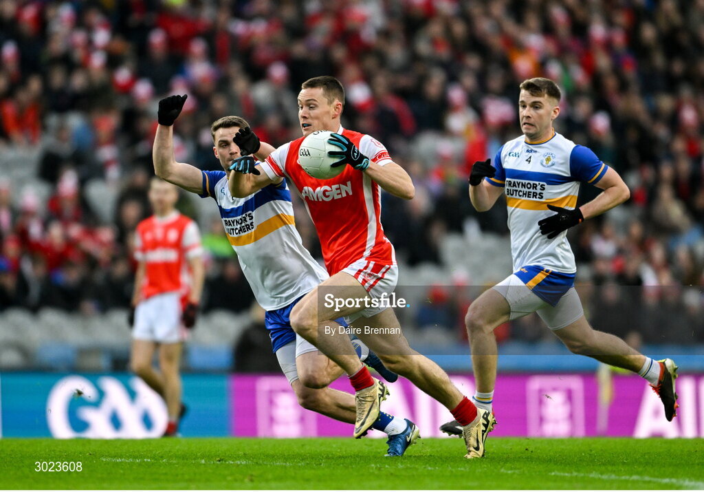 19 January 2025; Con O'Callaghan of Cuala in action against Niall Kelly of Errigal Ciarán during the AIB GAA Football All-Ireland Senior Club Championship final match between Cuala and Errigal Ciarán at Croke Park in Dublin. Photo by Daire Brennan/Sportsfile