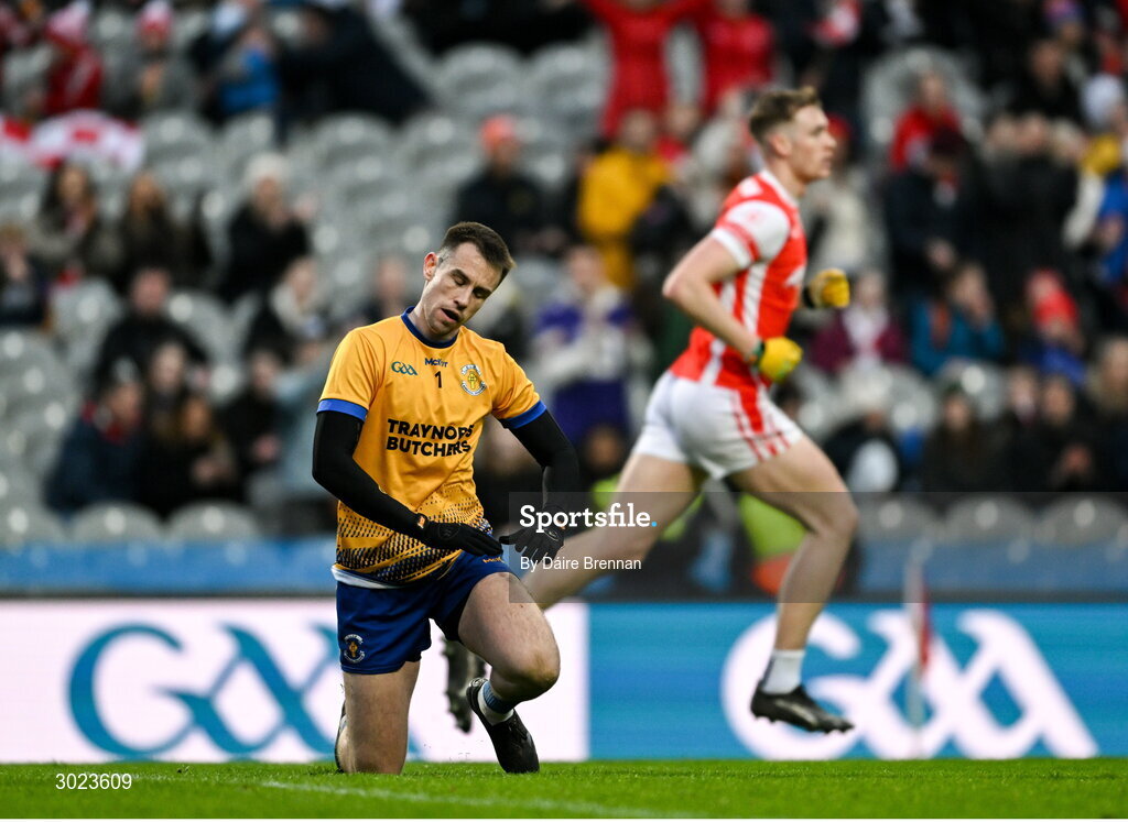 19 January 2025; Errigal Ciarán goalkeeper Darragh McAnenly reacts after Cuala scored their third goal during the AIB GAA Football All-Ireland Senior Club Championship final match between Cuala and Errigal Ciarán at Croke Park in Dublin. Photo by Daire Brennan/Sportsfile
