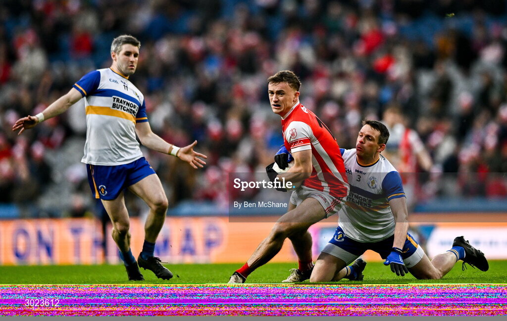 19 January 2025; Niall O'Callaghan of Cuala is tackled by Aidan McCrory of Errigal Ciarán during the AIB GAA Football All-Ireland Senior Club Championship final match between Cuala and Errigal Ciarán at Croke Park in Dublin. Photo by Ben McShane/Sportsfile