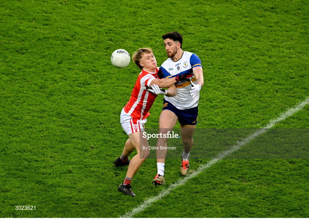 19 January 2025; Joe Oguz of Errigal Ciarán in action against Eoghan O'Callaghan of Cuala during the AIB GAA Football All-Ireland Senior Club Championship final match between Cuala and Errigal Ciarán at Croke Park in Dublin. Photo by Daire Brennan/Sportsfile