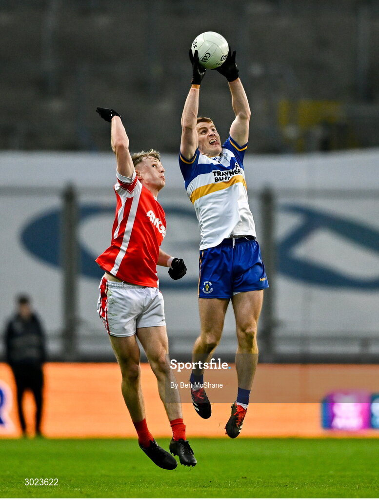 19 January 2025; Peter Harte of Errigal Ciarán in action against Danny Conroy of Cuala during the AIB GAA Football All-Ireland Senior Club Championship final match between Cuala and Errigal Ciarán at Croke Park in Dublin. Photo by Ben McShane/Sportsfile