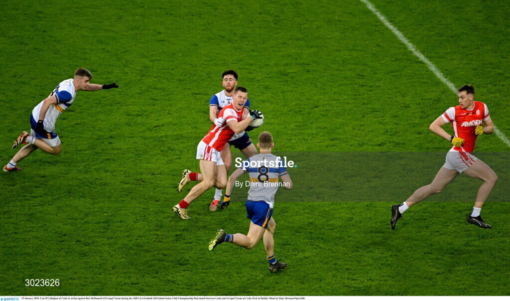 19 January 2025; Con O'Callaghan of Cuala in action against Ben McDonnell of Errigal Ciarán during the AIB GAA Football All-Ireland Senior Club Championship final match between Cuala and Errigal Ciarán at Croke Park in Dublin. Photo by Daire Brennan/Sportsfile