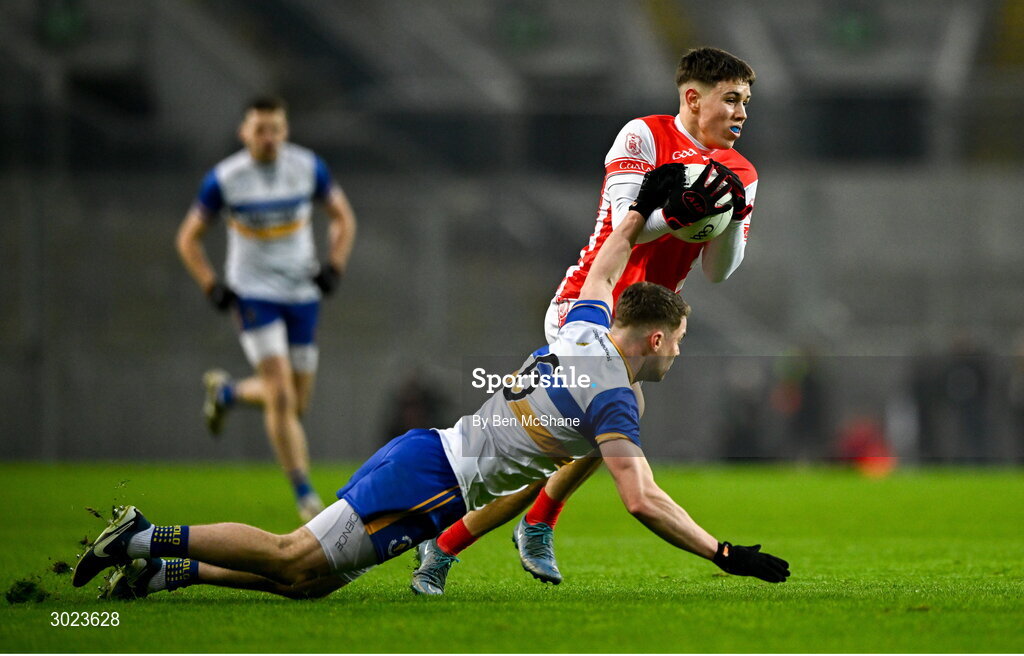 19 January 2025; Conor Groarke of Cuala in action against Niall Kelly of Errigal Ciarán during the AIB GAA Football All-Ireland Senior Club Championship final match between Cuala and Errigal Ciarán at Croke Park in Dublin. Photo by Ben McShane/Sportsfile