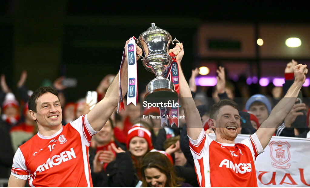 19 January 2025; James Power, left, and Luke Keating of Cuala lift the Andy Merrigan Cup after the AIB GAA Football All-Ireland Senior Club Championship final match between Cuala and Errigal Ciarán at Croke Park in Dublin. Photo by Piaras Ó Mídheach/Sportsfile
