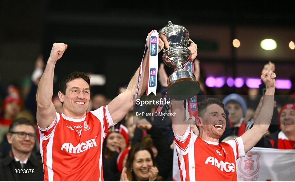 19 January 2025; James Power, left, and Luke Keating of Cuala lift the Andy Merrigan Cup after the AIB GAA Football All-Ireland Senior Club Championship final match between Cuala and Errigal Ciarán at Croke Park in Dublin. Photo by Piaras Ó Mídheach/Sportsfile