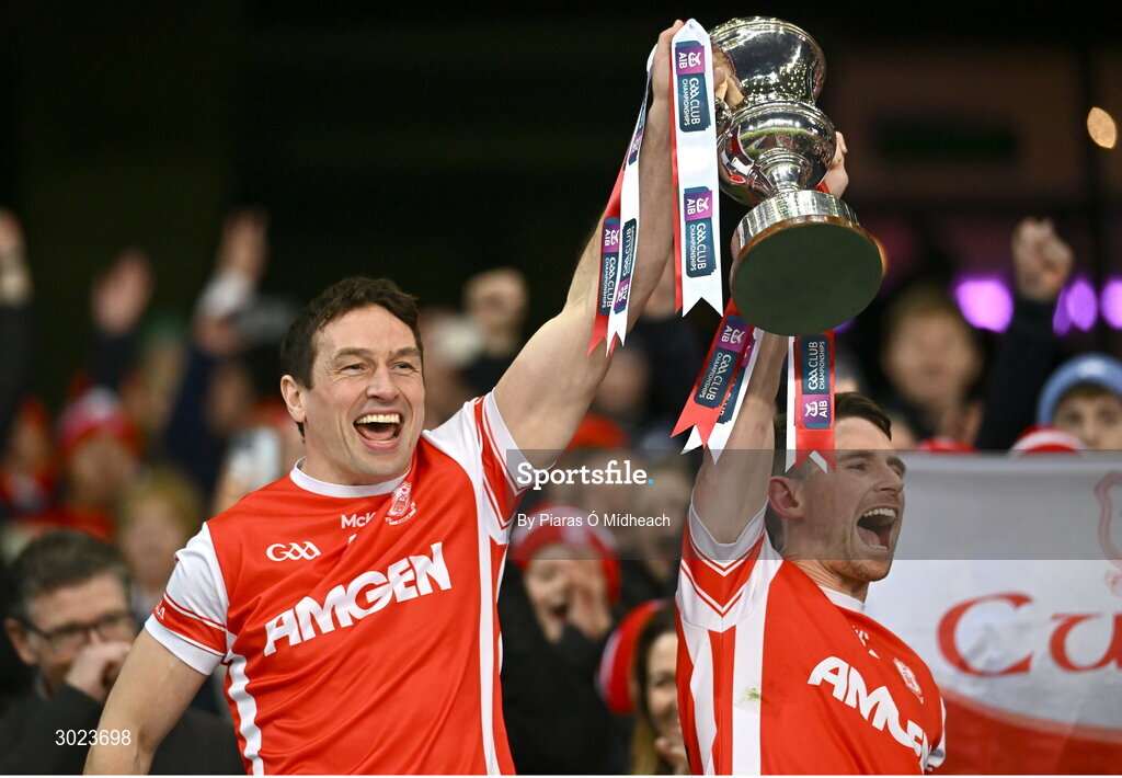 19 January 2025; James Power, left, and Luke Keating of Cuala lift the Andy Merrigan Cup after the AIB GAA Football All-Ireland Senior Club Championship final match between Cuala and Errigal Ciarán at Croke Park in Dublin. Photo by Piaras Ó Mídheach/Sportsfile