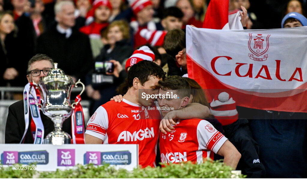 19 January 2025; Cuala captain James Power, left, Luke Keating of Cuala share a moment before they lift the Andy Merrigan Cup after their side's victory in the AIB GAA Football All-Ireland Senior Club Championship final match between Cuala and Errigal Ciarán at Croke Park in Dublin. Photo by Ben McShane/Sportsfile