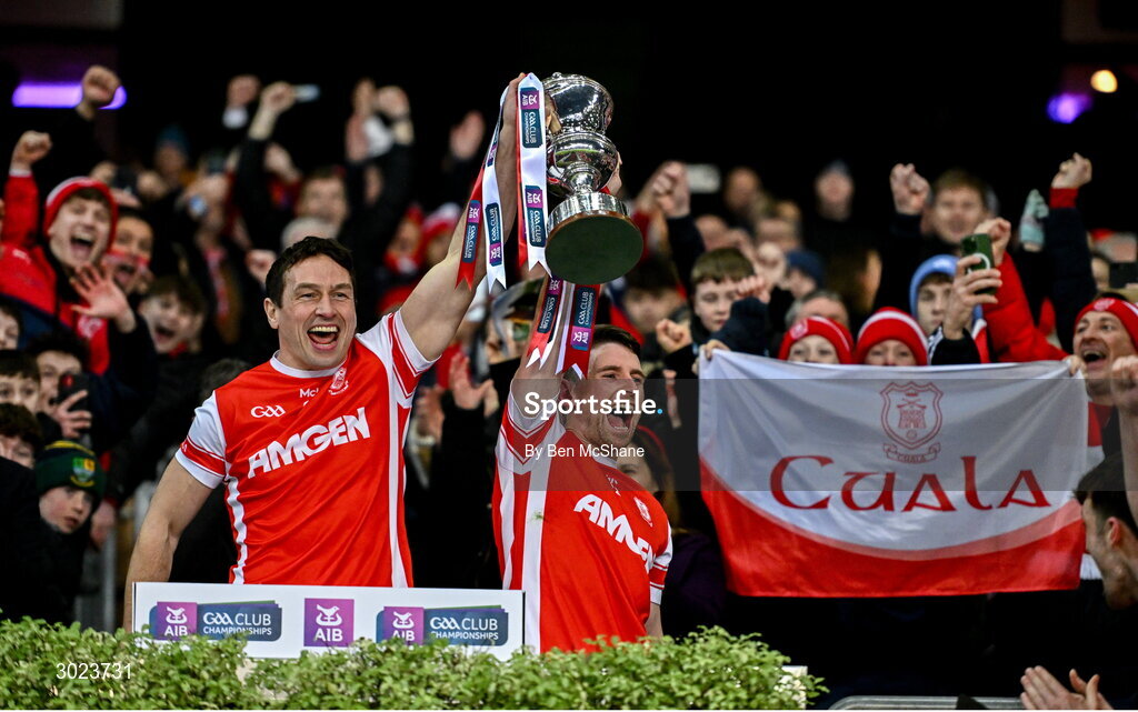 19 January 2025; Cuala captain James Power, left, Luke Keating of Cuala lift the Andy Merrigan Cup after their side's victory in the AIB GAA Football All-Ireland Senior Club Championship final match between Cuala and Errigal Ciarán at Croke Park in Dublin. Photo by Ben McShane/Sportsfile