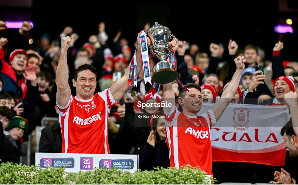 19 January 2025; Cuala captain James Power, left, Luke Keating of Cuala lift the Andy Merrigan Cup after their side's victory in the AIB GAA Football All-Ireland Senior Club Championship final match between Cuala and Errigal Ciarán at Croke Park in Dublin. Photo by Ben McShane/Sportsfile
