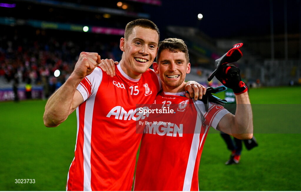 19 January 2025; Con O'Callaghan, left, and Luke Keating of Cuala celebrate after the AIB GAA Football All-Ireland Senior Club Championship final match between Cuala and Errigal Ciarán at Croke Park in Dublin. Photo by Ben McShane/Sportsfile