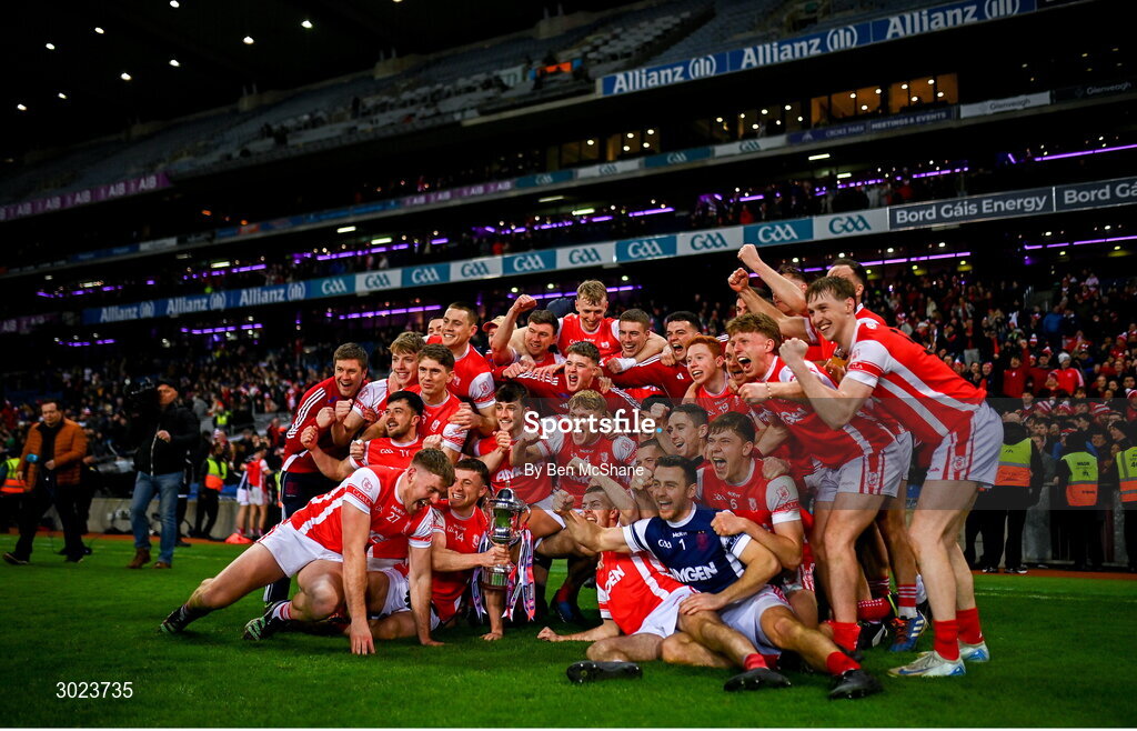 19 January 2025; Cuala players celebrate with the Andy Merrigan Cup after the AIB GAA Football All-Ireland Senior Club Championship final match between Cuala and Errigal Ciarán at Croke Park in Dublin. Photo by Ben McShane/Sportsfile