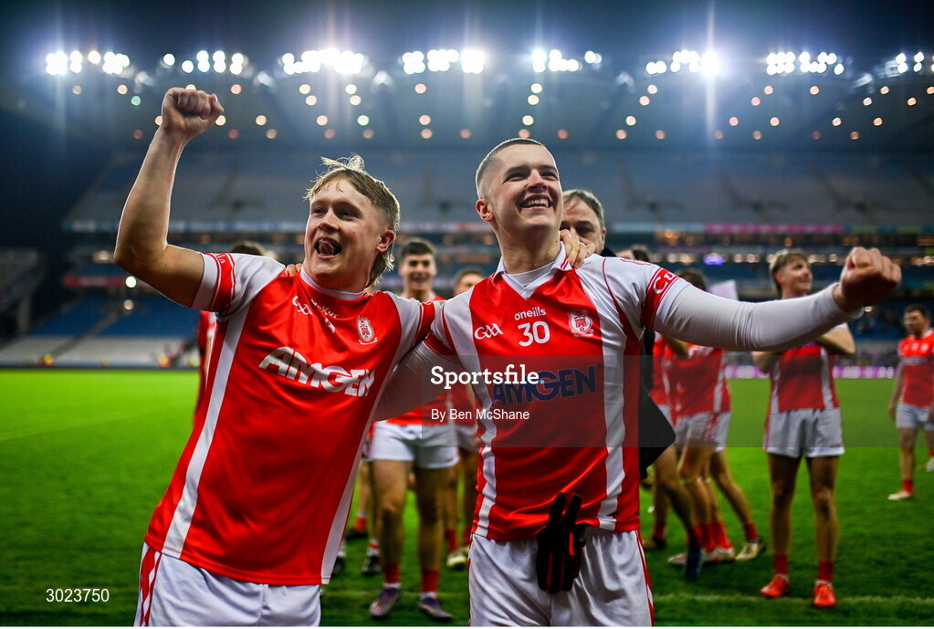 19 January 2025; Cuala players Eoghan O'Callaghan, left, and Daragh McAdam celebrate after the AIB GAA Football All-Ireland Senior Club Championship final match between Cuala and Errigal Ciarán at Croke Park in Dublin. Photo by Ben McShane/Sportsfile