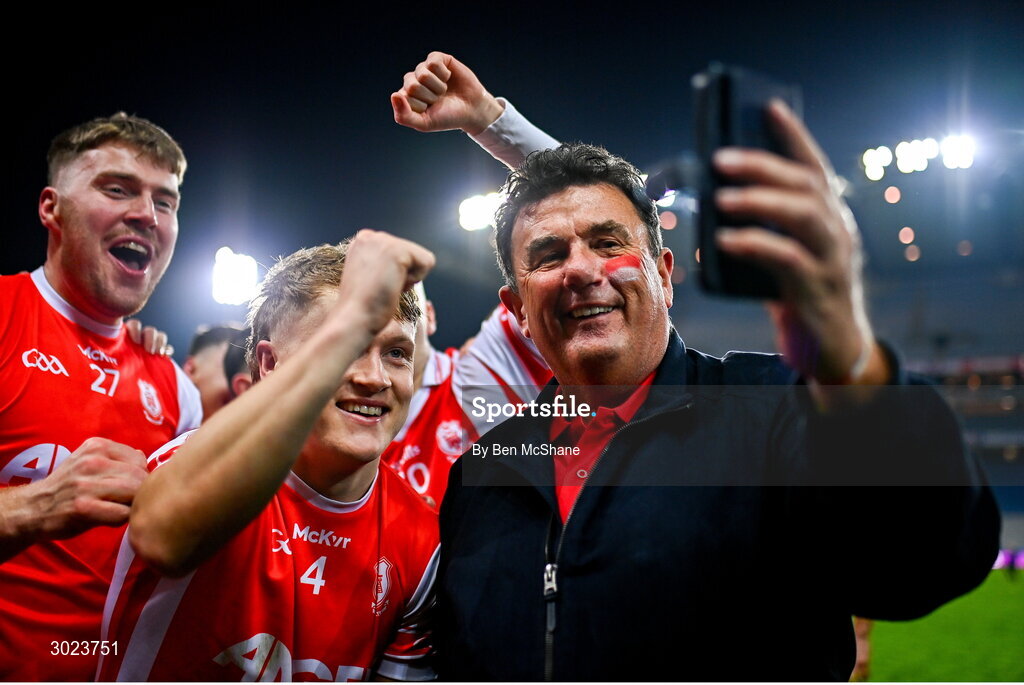 19 January 2025; Cuala supporter Des Cahill celebrates with the Cuala players after their victory in the AIB GAA Football All-Ireland Senior Club Championship final match between Cuala and Errigal Ciarán at Croke Park in Dublin. Photo by Ben McShane/Sportsfile