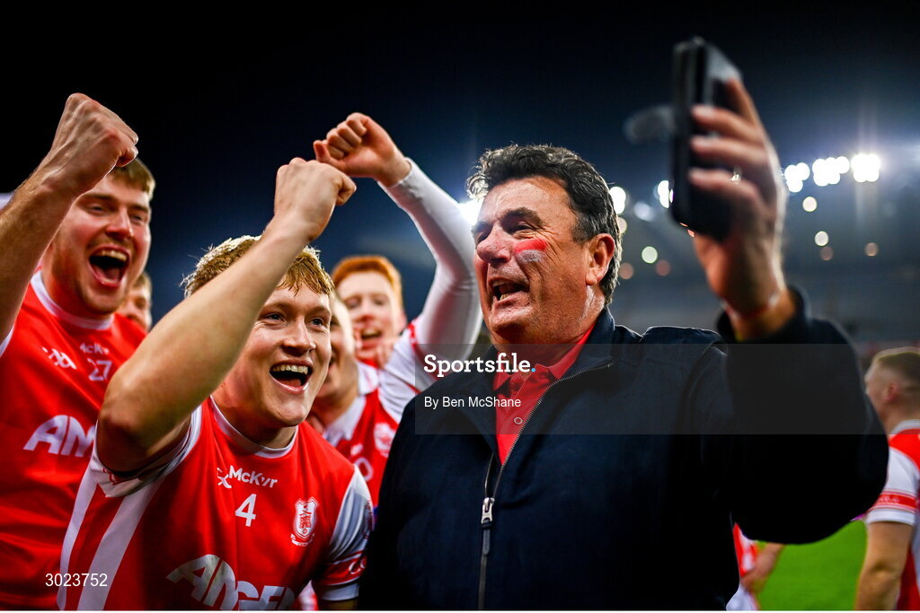 19 January 2025; Cuala supporter Des Cahill celebrates with the Cuala players after their victory in the AIB GAA Football All-Ireland Senior Club Championship final match between Cuala and Errigal Ciarán at Croke Park in Dublin. Photo by Ben McShane/Sportsfile