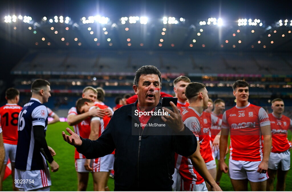 19 January 2025; Cuala supporter Des Cahill after his side's victory in the AIB GAA Football All-Ireland Senior Club Championship final match between Cuala and Errigal Ciarán at Croke Park in Dublin. Photo by Ben McShane/Sportsfile