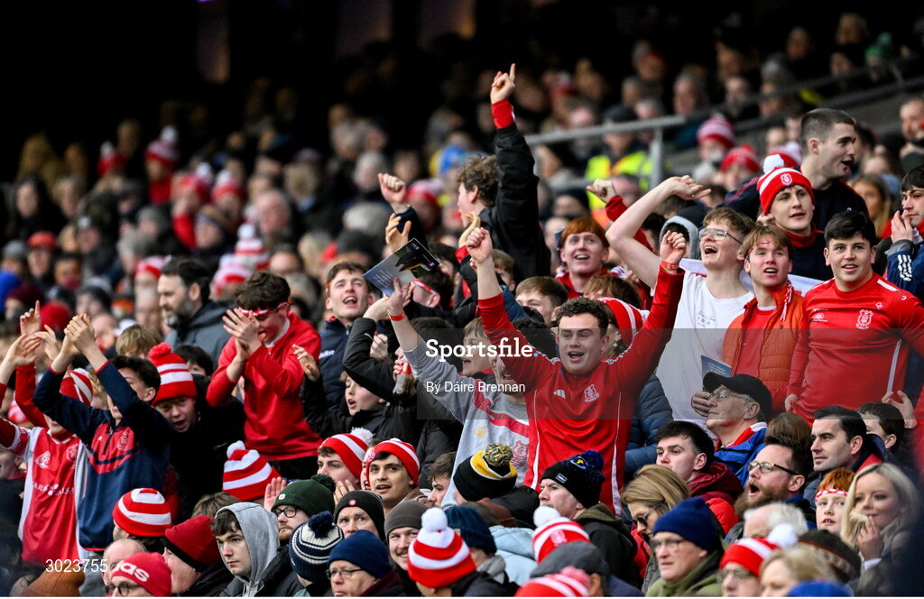 19 January 2025; Cuala supporters celebrate in the Hogan Stand after their side's second goal during the AIB GAA Football All-Ireland Senior Club Championship final match between Cuala and Errigal Ciarán at Croke Park in Dublin. Photo by Daire Brennan/Sportsfile