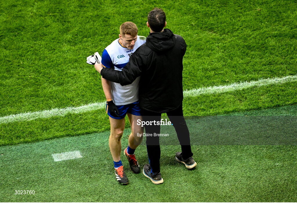 19 January 2025; Errigal Ciarán manager Enda McGinley consoles Peter Harte after Harte was sent off during the AIB GAA Football All-Ireland Senior Club Championship final match between Cuala and Errigal Ciarán at Croke Park in Dublin. Photo by Daire Brennan/Sportsfile