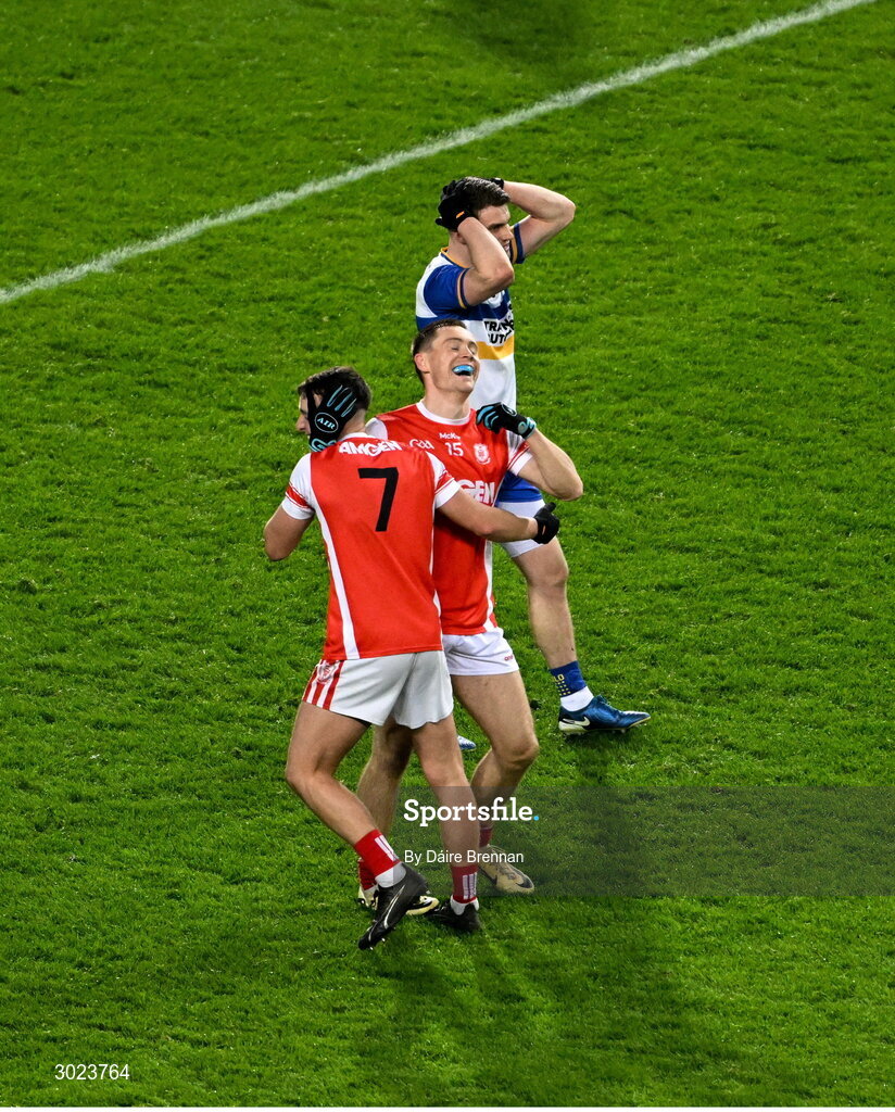 19 January 2025; David O'Dowd, left, and Con O'Callaghan of Cuala and Niall Kelly of Errigal Ciarán react at the final whistle of the AIB GAA Football All-Ireland Senior Club Championship final match between Cuala and Errigal Ciarán at Croke Park in Dublin. Photo by Daire Brennan/Sportsfile