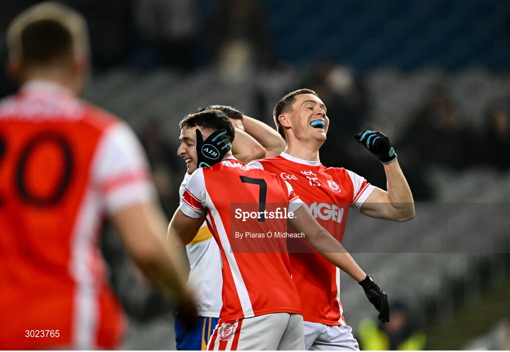 19 January 2025; Cuala players Con O'Callaghan and David O'Dowd, 7, celebrate after their side's victory in the AIB GAA Football All-Ireland Senior Club Championship final match between Cuala and Errigal Ciarán at Croke Park in Dublin. Photo by Piaras Ó Mídheach/Sportsfile