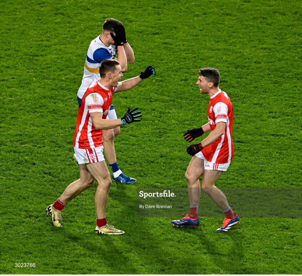 19 January 2025; Luke Keating, right, and Con O'Callaghan of Cuala and Niall Kelly of Errigal Ciarán react at the final whistle of the AIB GAA Football All-Ireland Senior Club Championship final match between Cuala and Errigal Ciarán at Croke Park in Dublin. Photo by Daire Brennan/Sportsfile