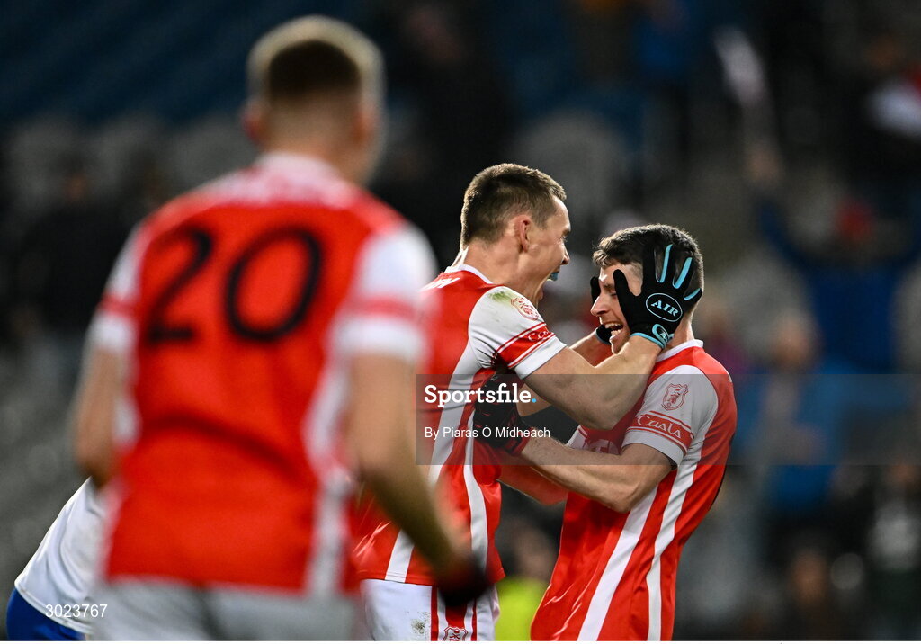 19 January 2025; Cuala players Con O'Callaghan and Luke Keating, right, celebrate after their side's victory in the AIB GAA Football All-Ireland Senior Club Championship final match between Cuala and Errigal Ciarán at Croke Park in Dublin. Photo by Piaras Ó Mídheach/Sportsfile