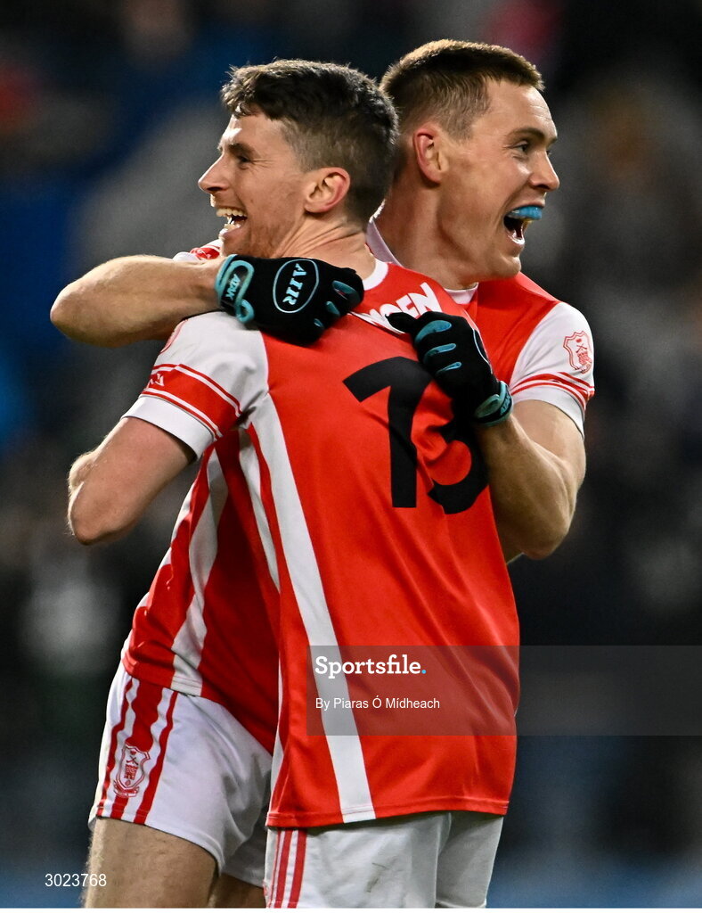 19 January 2025; Cuala players Con O'Callaghan and Luke Keating, front, celebrate after their side's victory in the AIB GAA Football All-Ireland Senior Club Championship final match between Cuala and Errigal Ciarán at Croke Park in Dublin. Photo by Piaras Ó Mídheach/Sportsfile