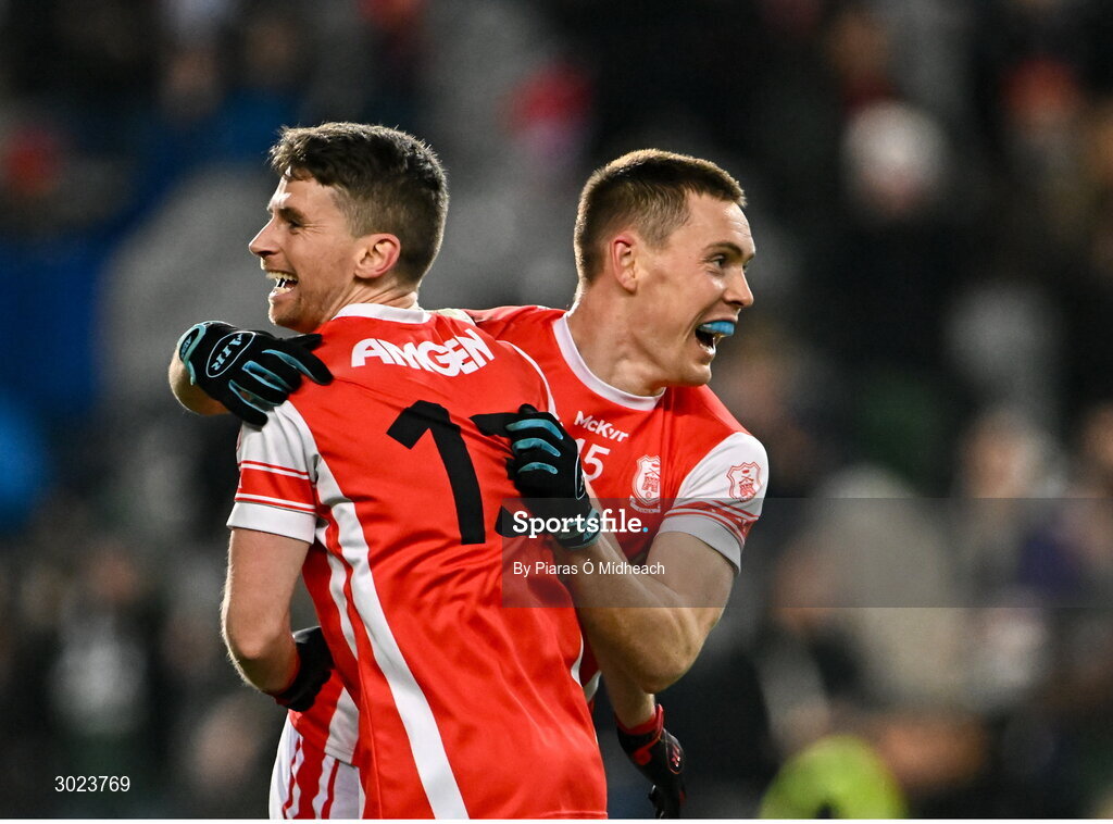 19 January 2025; Cuala players Con O'Callaghan and Luke Keating, front, celebrate after their side's victory in the AIB GAA Football All-Ireland Senior Club Championship final match between Cuala and Errigal Ciarán at Croke Park in Dublin. Photo by Piaras Ó Mídheach/Sportsfile