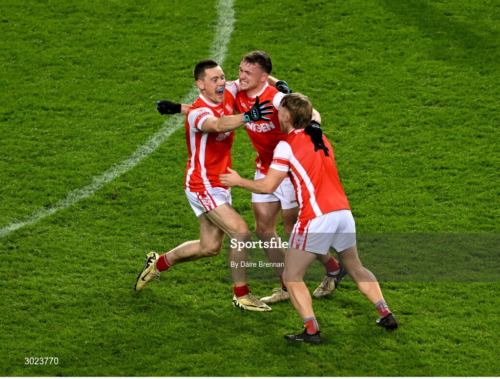 19 January 2025; The O'Callaghan brothers, left to right, Con, Eoghan, and Niall, celebrate together after the AIB GAA Football All-Ireland Senior Club Championship final match between Cuala and Errigal Ciarán at Croke Park in Dublin. Photo by Daire Brennan/Sportsfile