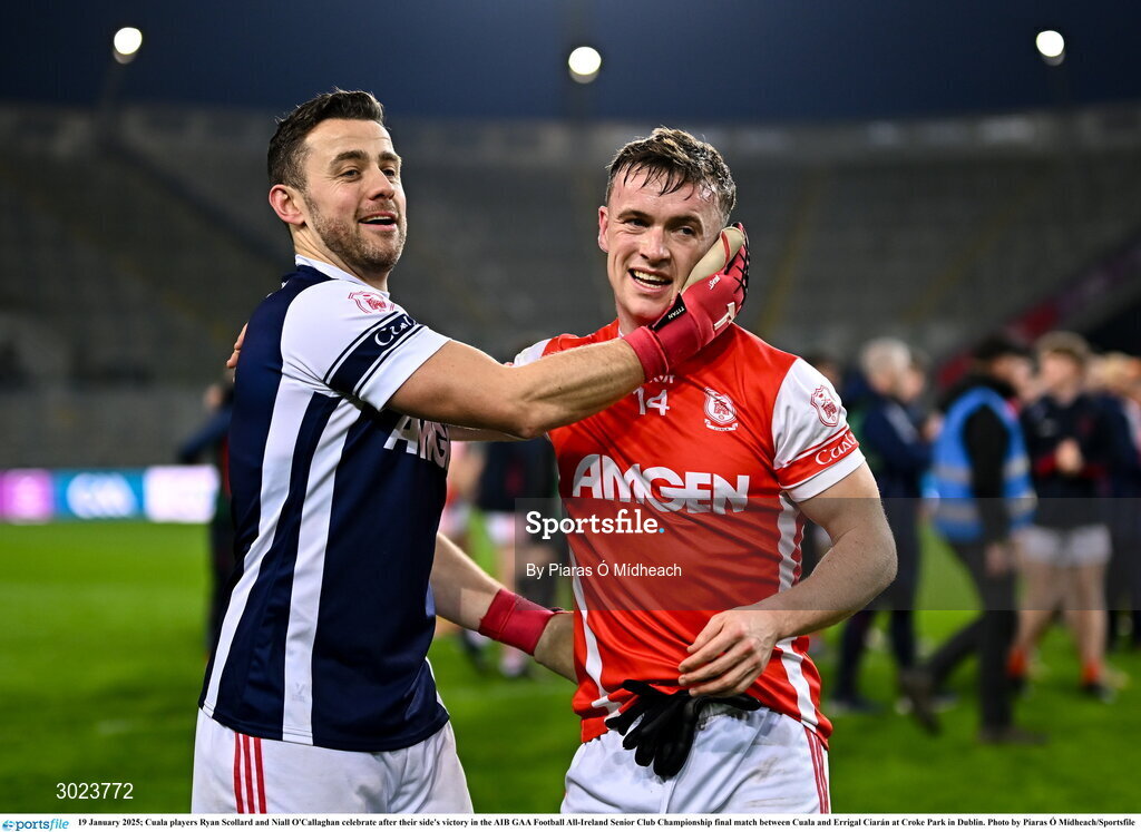 19 January 2025; Cuala players Ryan Scollard and Niall O'Callaghan celebrate after their side's victory in the AIB GAA Football All-Ireland Senior Club Championship final match between Cuala and Errigal Ciarán at Croke Park in Dublin. Photo by Piaras Ó Mídheach/Sportsfile