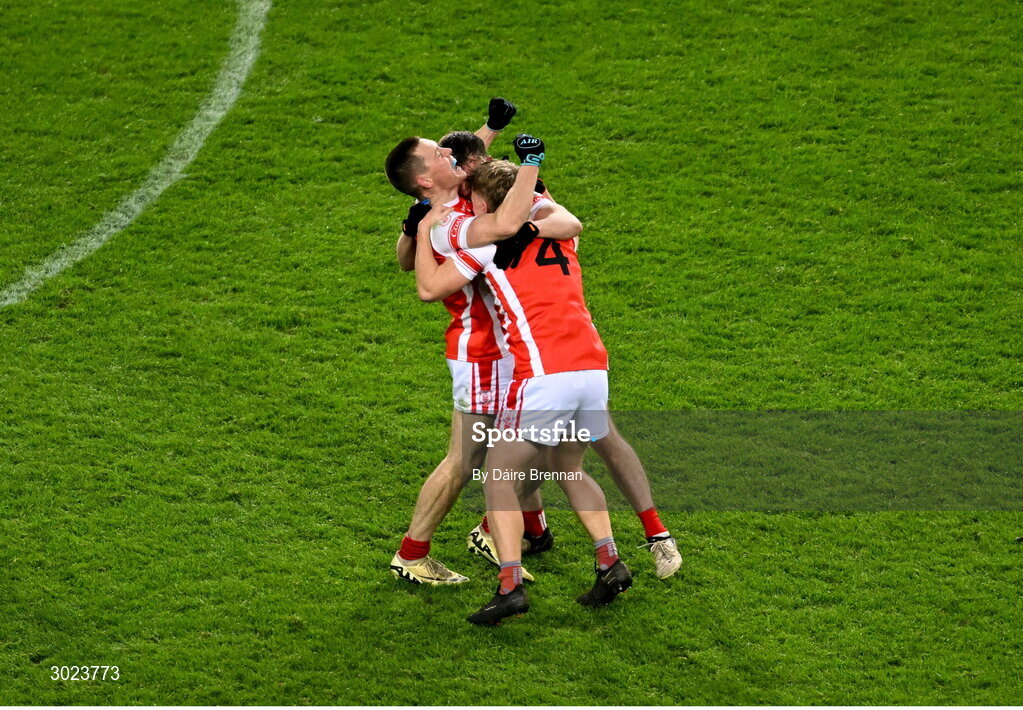 19 January 2025; The O'Callaghan brothers, left to right, Con, Eoghan, and Niall, celebrate together after the AIB GAA Football All-Ireland Senior Club Championship final match between Cuala and Errigal Ciarán at Croke Park in Dublin. Photo by Daire Brennan/Sportsfile