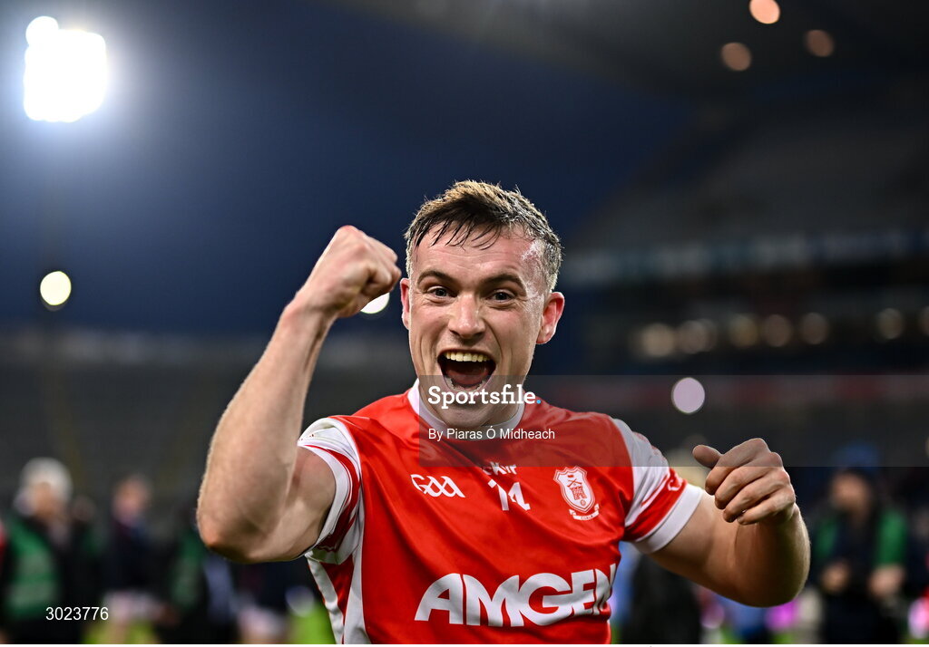 19 January 2025; Niall O'Callaghan of Cuala celebrates after his side's victory in the AIB GAA Football All-Ireland Senior Club Championship final match between Cuala and Errigal Ciarán at Croke Park in Dublin. Photo by Piaras Ó Mídheach/Sportsfile