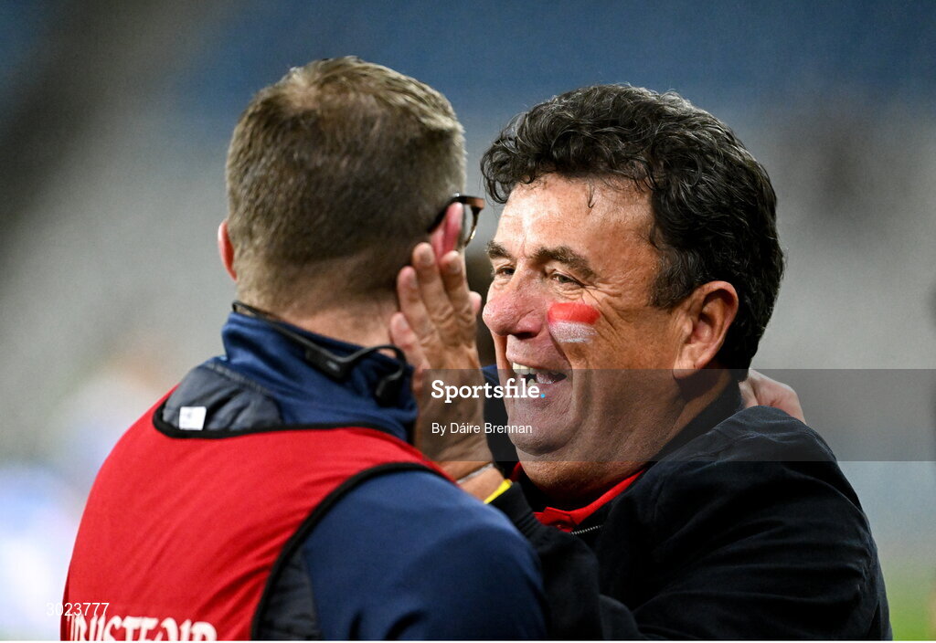 19 January 2025; Cuala supporter Des Cahill celebrates with manager Austin O'Malley after the AIB GAA Football All-Ireland Senior Club Championship final match between Cuala and Errigal Ciarán at Croke Park in Dublin. Photo by Daire Brennan/Sportsfile