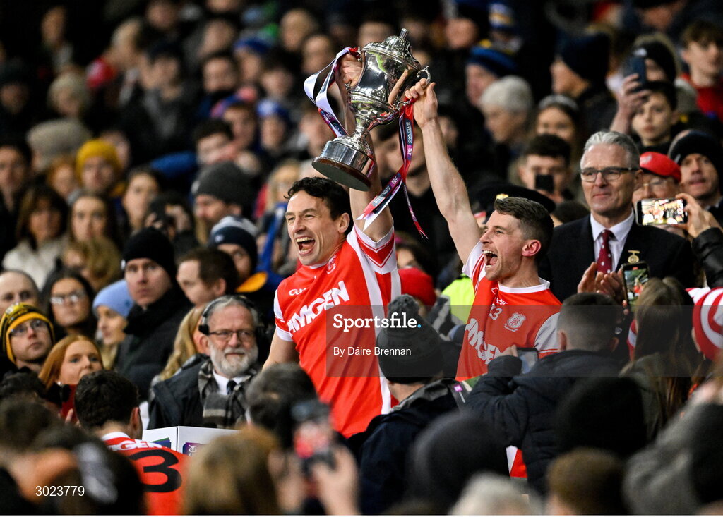 19 January 2025; Cuala captains James Power, left, and Luke Keating lift the Andy Merrigan cup after the AIB GAA Football All-Ireland Senior Club Championship final match between Cuala and Errigal Ciarán at Croke Park in Dublin. Photo by Daire Brennan/Sportsfile