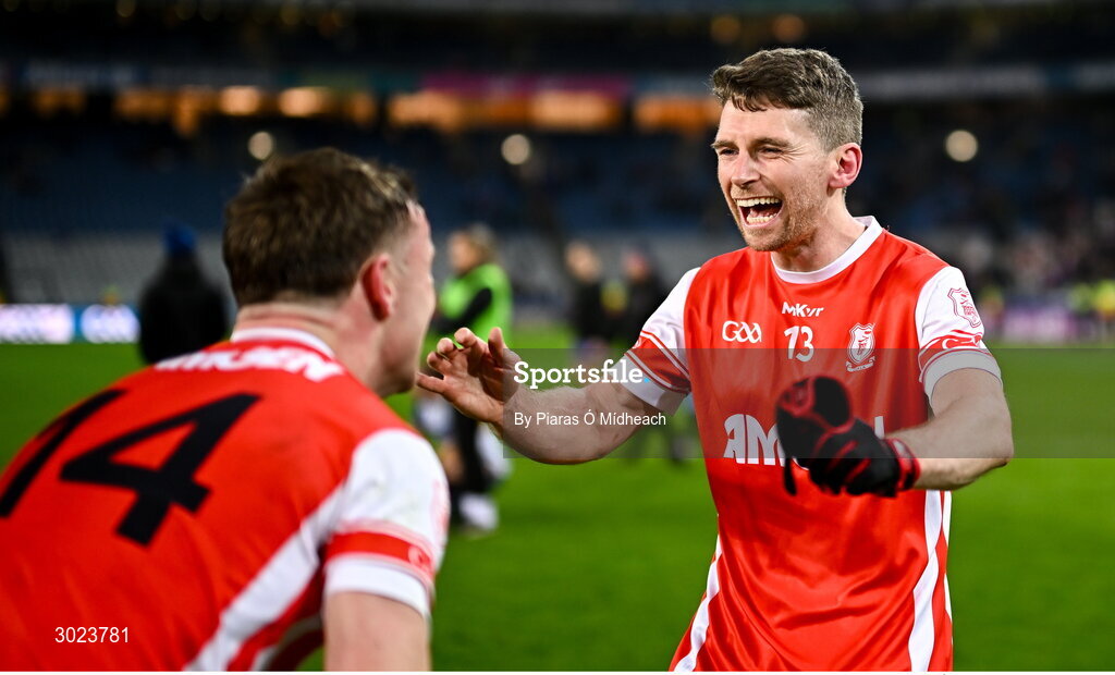 19 January 2025; Cuala players Luke Keating, right, and Niall O'Callaghan celebrate after their side's victory in the AIB GAA Football All-Ireland Senior Club Championship final match between Cuala and Errigal Ciarán at Croke Park in Dublin. Photo by Piaras Ó Mídheach/Sportsfile