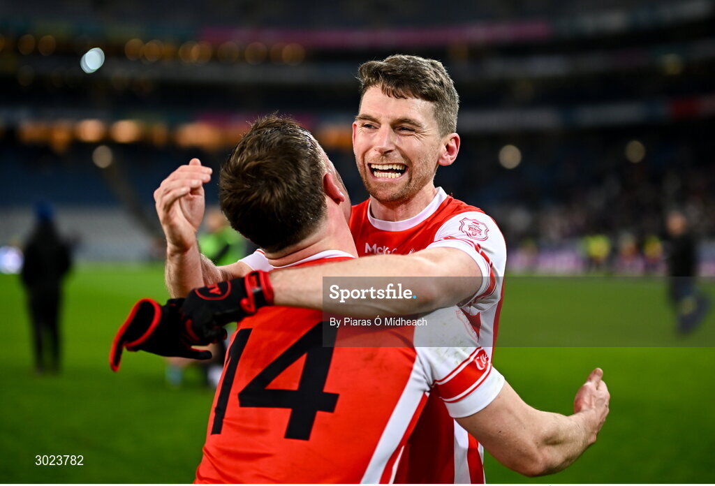 19 January 2025; Cuala players Luke Keating, right, and Niall O'Callaghan celebrate after their side's victory in the AIB GAA Football All-Ireland Senior Club Championship final match between Cuala and Errigal Ciarán at Croke Park in Dublin. Photo by Piaras Ó Mídheach/Sportsfile