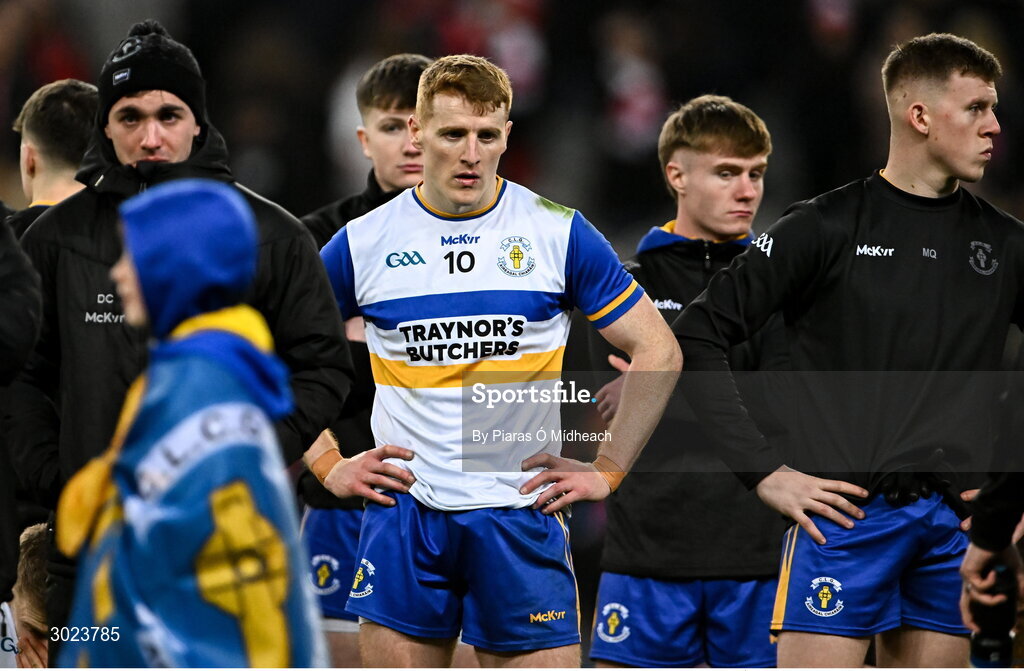 19 January 2025; Errigan Ciarán players Darragh Canavan, left, and Peter Harte, 10, after their side's defeat in the AIB GAA Football All-Ireland Senior Club Championship final match between Cuala and Errigal Ciarán at Croke Park in Dublin. Photo by Piaras Ó Mídheach/Sportsfile