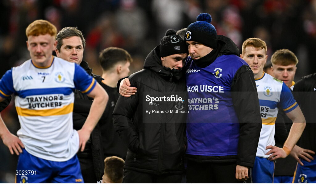 19 January 2025; Darragh Canavan of Errigal Ciarán with mentor Stephen Quinn after their side's defeat in the AIB GAA Football All-Ireland Senior Club Championship final match between Cuala and Errigal Ciarán at Croke Park in Dublin. Photo by Piaras Ó Mídheach/Sportsfile