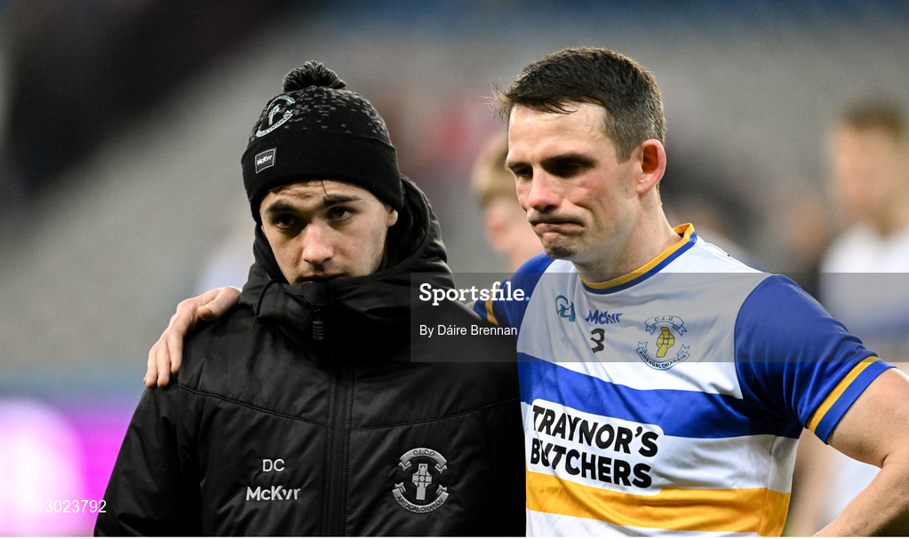 19 January 2025; Dejected Errigal Ciarán players Darragh Canavan, left, and Aidan McCrory after the AIB GAA Football All-Ireland Senior Club Championship final match between Cuala and Errigal Ciarán at Croke Park in Dublin. Photo by Daire Brennan/Sportsfile