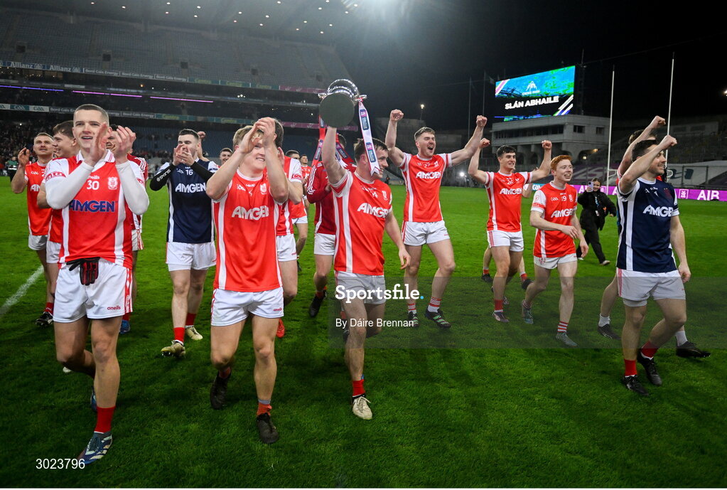 19 January 2025; Niall O'Callaghan of Cuala leads the celebrations after the AIB GAA Football All-Ireland Senior Club Championship final match between Cuala and Errigal Ciarán at Croke Park in Dublin. Photo by Daire Brennan/Sportsfile