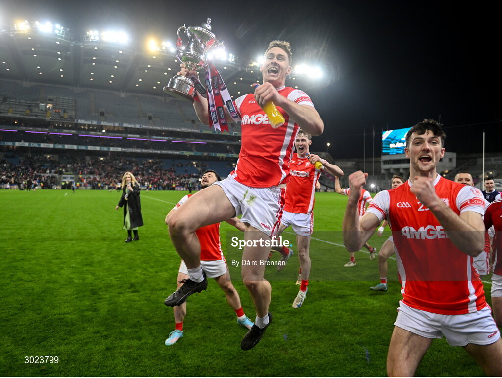 19 January 2025; Peadar Ó Cofaigh Byrne of Cuala celebrates with the Andy Merrigan cup after the AIB GAA Football All-Ireland Senior Club Championship final match between Cuala and Errigal Ciarán at Croke Park in Dublin. Photo by Daire Brennan/Sportsfile