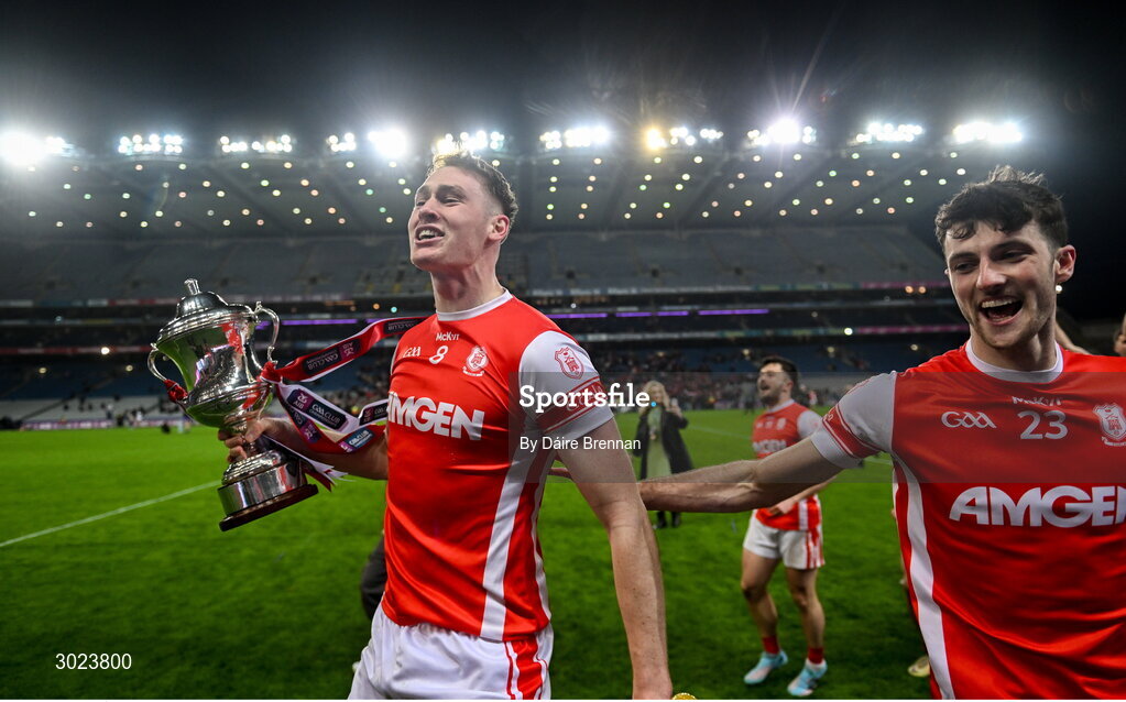 19 January 2025; Peadar Ó Cofaigh Byrne of Cuala celebrates with the Andy Merrigan cup after the AIB GAA Football All-Ireland Senior Club Championship final match between Cuala and Errigal Ciarán at Croke Park in Dublin. Photo by Daire Brennan/Sportsfile