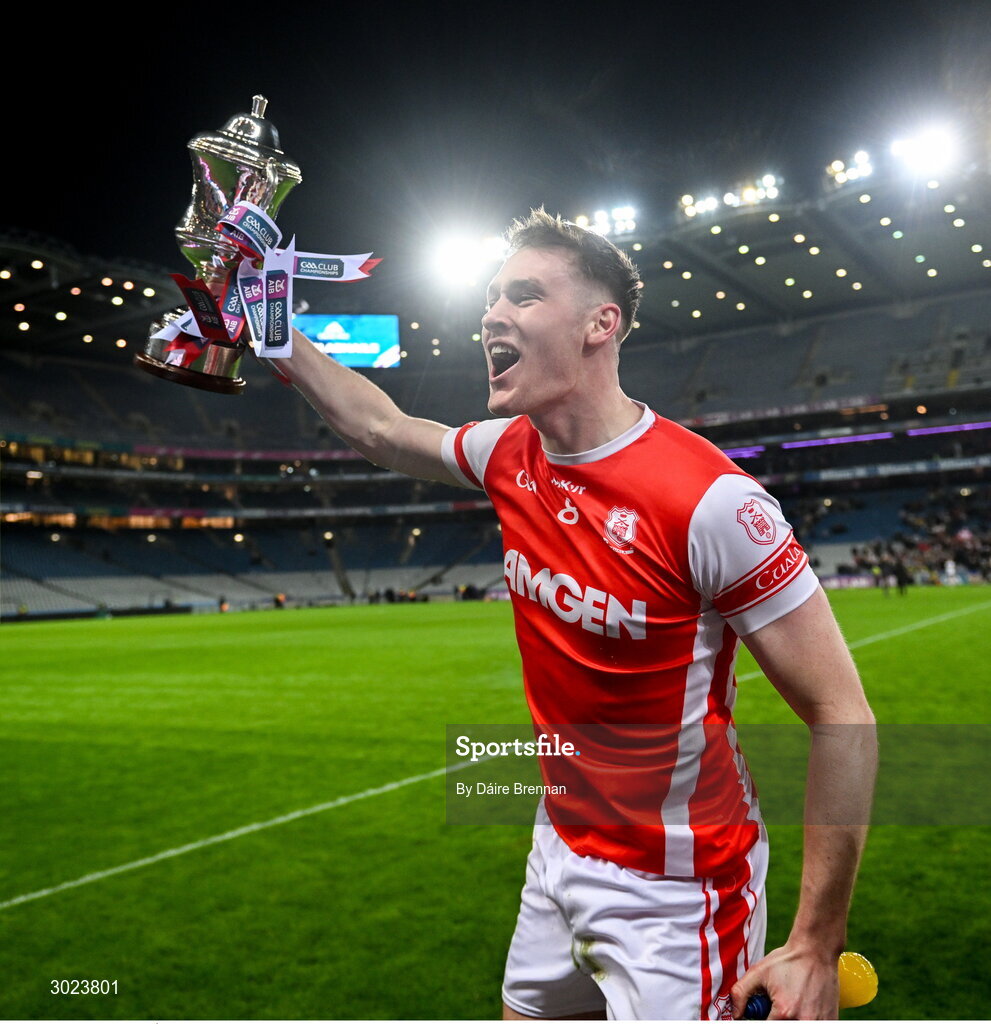19 January 2025; Peadar Ó Cofaigh Byrne of Cuala celebrates with the Andy Merrigan cup after the AIB GAA Football All-Ireland Senior Club Championship final match between Cuala and Errigal Ciarán at Croke Park in Dublin. Photo by Daire Brennan/Sportsfile