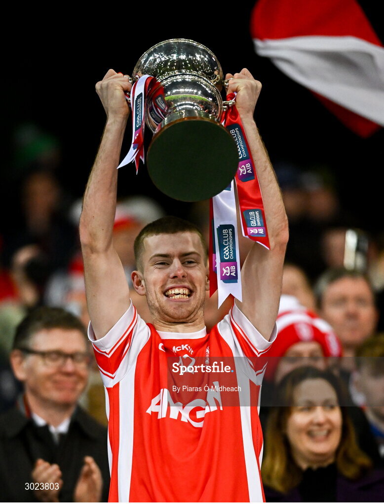 19 January 2025; Cal Doran of Cuala lifts the the Andy Merrigan Cup after his side's victory in the AIB GAA Football All-Ireland Senior Club Championship final match between Cuala and Errigal Ciarán at Croke Park in Dublin. Photo by Piaras Ó Mídheach/Sportsfile