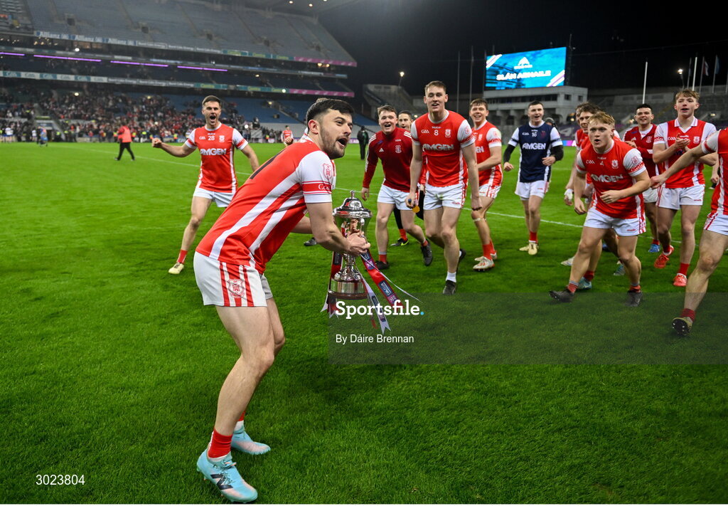 19 January 2025; Conor O'Brien of Cuala celebrates with the Andy Merrigan cup after the AIB GAA Football All-Ireland Senior Club Championship final match between Cuala and Errigal Ciarán at Croke Park in Dublin. Photo by Daire Brennan/Sportsfile